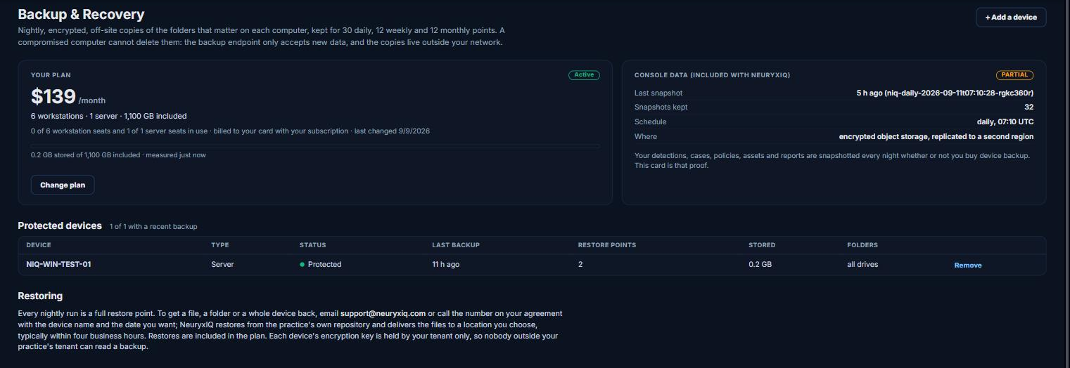 NeuryxIQ Backup and Recovery on a live tenant: plan, console data snapshots and a protected device with restore points